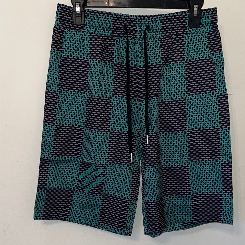 NWT. Men's Black, Green and Gray Patterned Swim Shorts. Louis Vuitton Size L